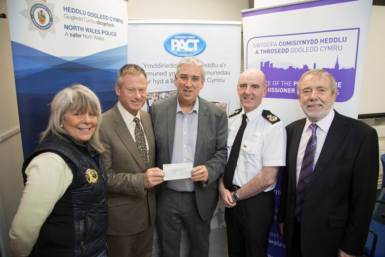 Pictured at the Your Community Your Choice awards are, from left, Flintshire winners the OWL Association, from left, Denise Edwards and Bill Brereton, with North Wales Police and Crime Commissioner Arfon Jones, Deputy Chief Constable Gareth Pritchard and David Williams, chairman of the Police and Community Trust.