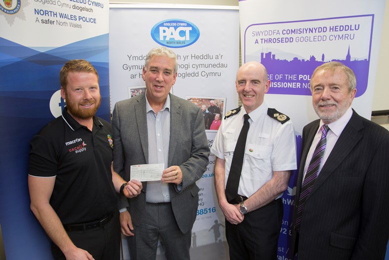 Pictured at the Your Community Your Choice awards are, from left, Wrexham winners Night Strikers, from left, Matthew Jones, with North Wales Police and Crime Commissioner Arfon Jones, Deputy Chief Constable Gareth Pritchard and David Williams, chairman of the Police and Community Trust.