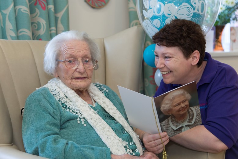 Pendine Park Resident Gertrude Jones celebrated her 100th Birthday on February the 13th at Hillbury, Pendine Park, Wrexahm. Gertude Jones with care paractioner Lisa Bowring.