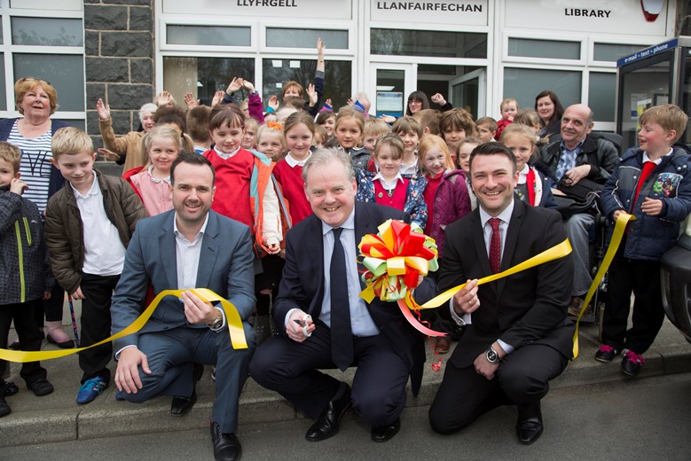 CARTREFI CONWY ..... Official opening of Llanfairfechan Library.... Pictured officially opening the library is (CENTRE) Guto Bebb MP with Adrian Johnson, Cartrefi Conwy, and Mark Parry, Brennig construction .