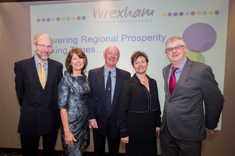 Wrexham Business Professionals - Powering Regional Prosperity...Taxing Times at the Ramada Hotel, Wrexham. From left, Peter Butler and Gill Kreft of Wrexham Business Professional with speakers Phil Brown, Rachel Clacher and Mark Drakeford
