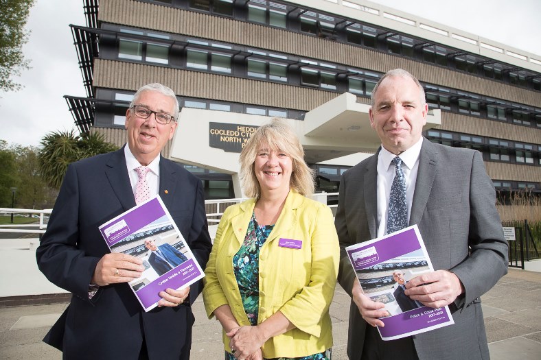 Police and Crime Commissioner Arfon Jones, Chief Constable Mark Polen and Deputy PCC Ann Grifith with the new Police and Crime plan.